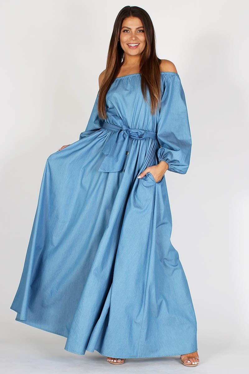 Off The Shoulder Plus Size Chambray Maxi Dress | Your Style Clothing Off The Shoulder Plus Size Chambray Maxi Dress | Your Style Clothing