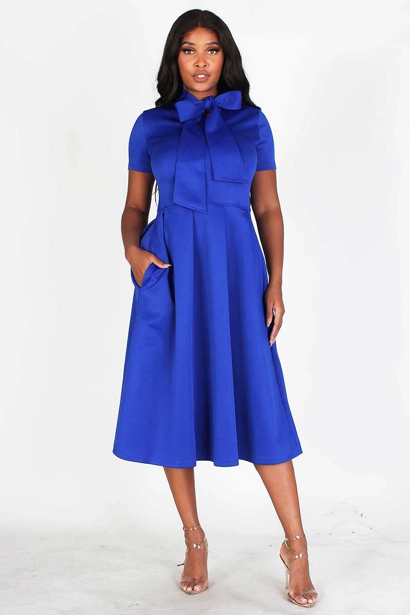 Blue Modest Bow Tie Dress, royal blue tie around the neck side, side pockets- Your Style Clothing