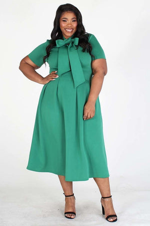 Green Modest Plus Size Bow Tie Dress Modest Plus Size Bow Tie Dress, black tie around the neck side, side pockets- Your Style Clothing