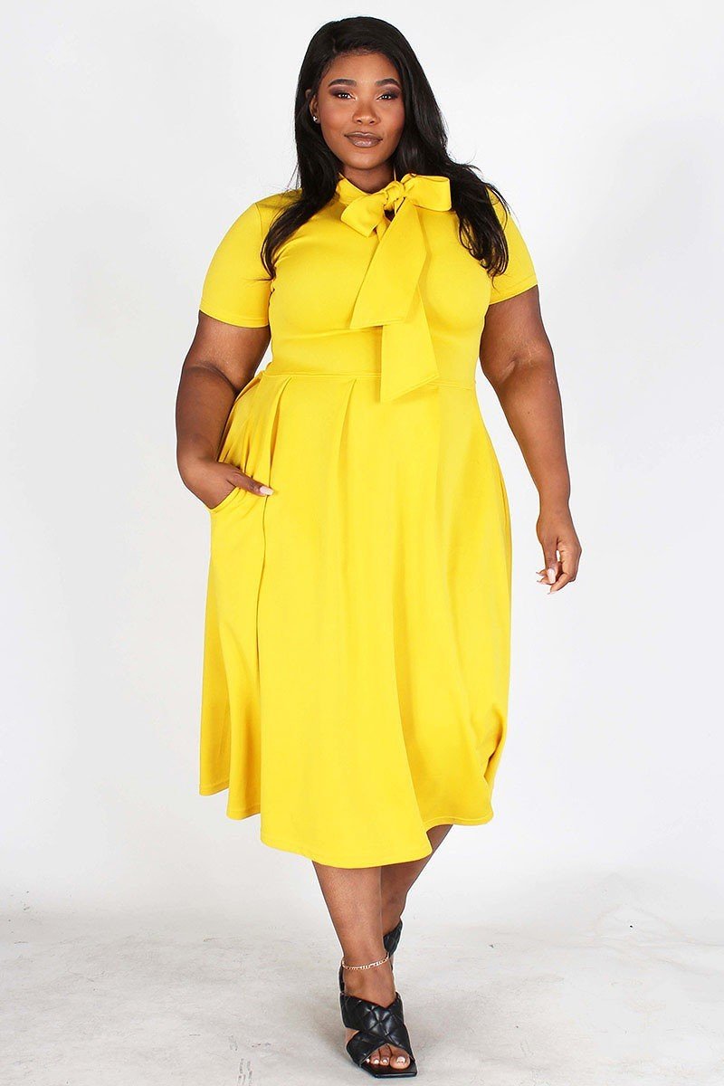 Modest Bow Tie Dress | Your Style Clothing 2X / Yellow Modest Bow Tie Dress | Your Style Clothing 2X / Yellow