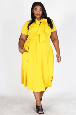 Yellow Modest Bow Tie Dress Plus Size Bow Tie Dress, white tie around the neck side, side pockets- Your Style Clothing