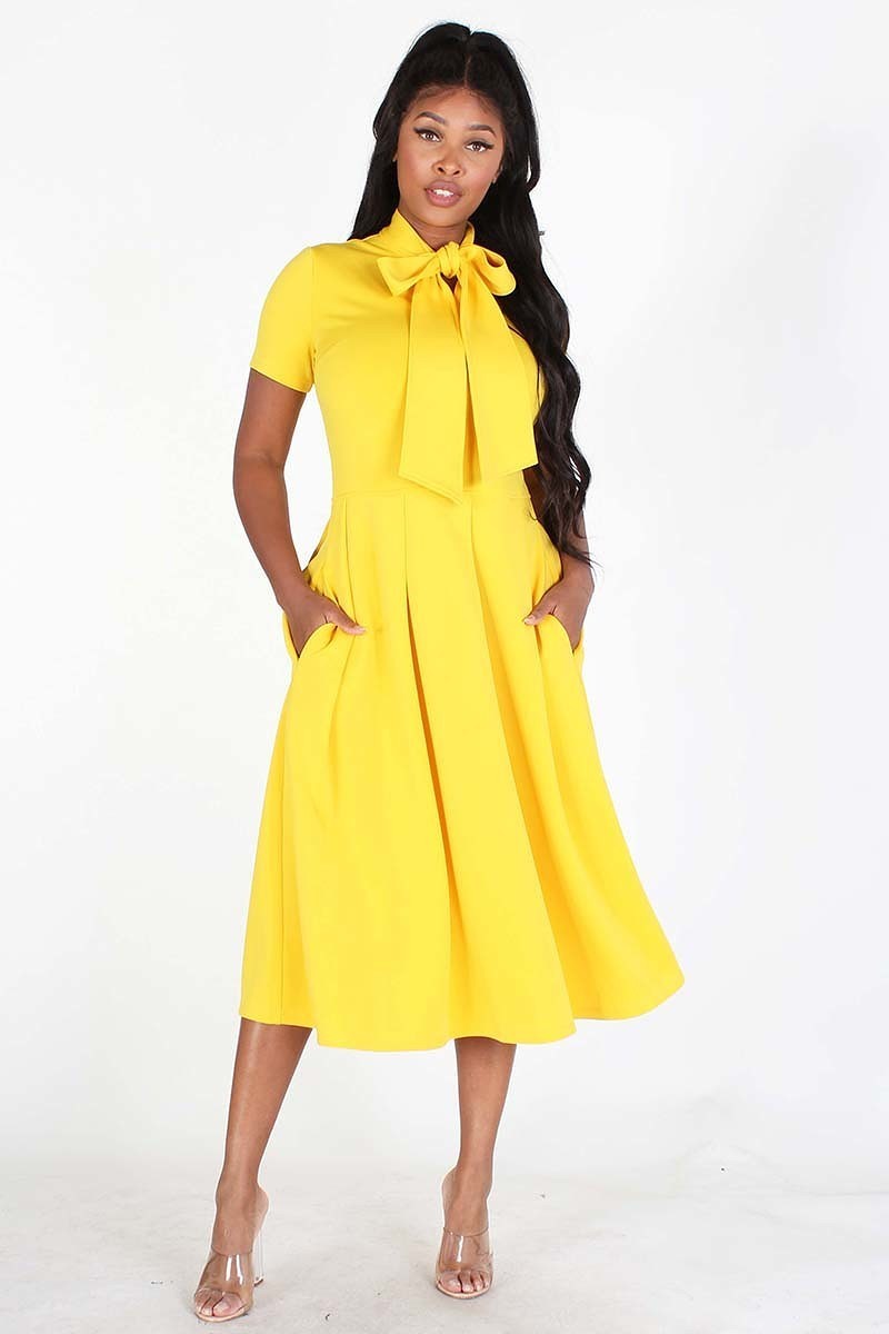 Yellow Modest Bow Tie Dress, yellow tie around the neck side, side pockets- Your Style Clothing