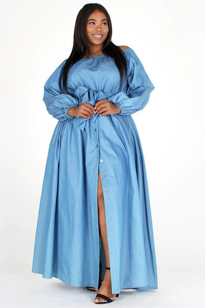 Off The Shoulder Plus Size Chambray Maxi Dress