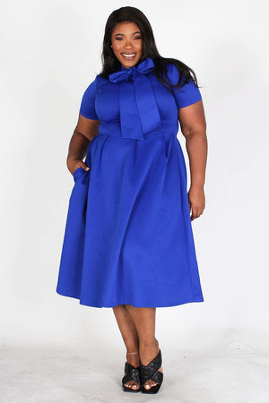 Blue Modest Bow Tie Dress Plus Size Bow Tie Dress, white tie around the neck side, side pockets- Your Style Clothing