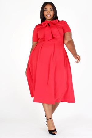 Modest Plus Size Bow Tie Dress, red tie around the neck side, side pockets- Your Style Clothing