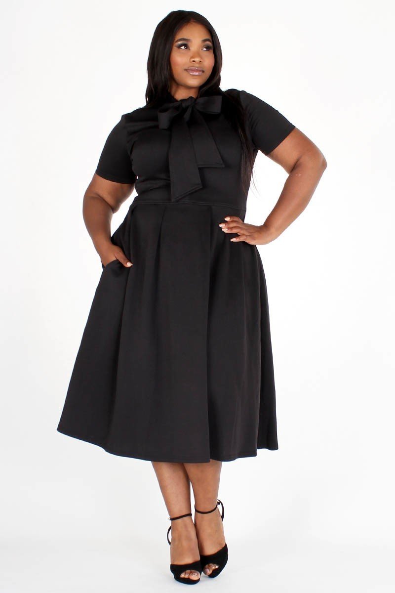 Modest Plus Size Bow Tie Dress, black tie around the neck side, side pockets- Your Style Clothing