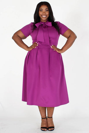 Modest Plus Size Bow Tie Dress, purple tie around the neck side, side pockets- Your Style Clothing